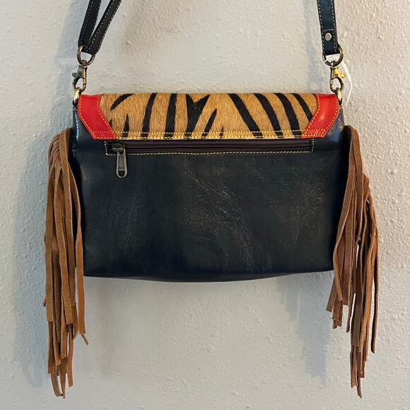 Folklore Couture Crossbody Bag Green Leather Tiger Print Red Fringe Boho Western - Picture 4 of 6